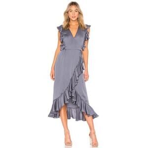 Shona Joy Size 4 Zephyr Luxe Ruffle Wrap Midi Dress Slate Gray Cap Sleeves Hi-Lo